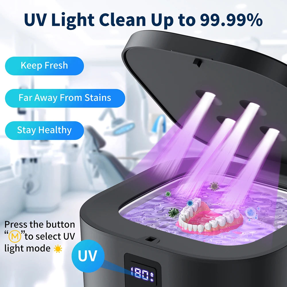 Dental Ultrasonic Retainer Cleaner Machine with UV Light Digital Timer for Denture Mouth Guard Aligner Night Guard 300ML